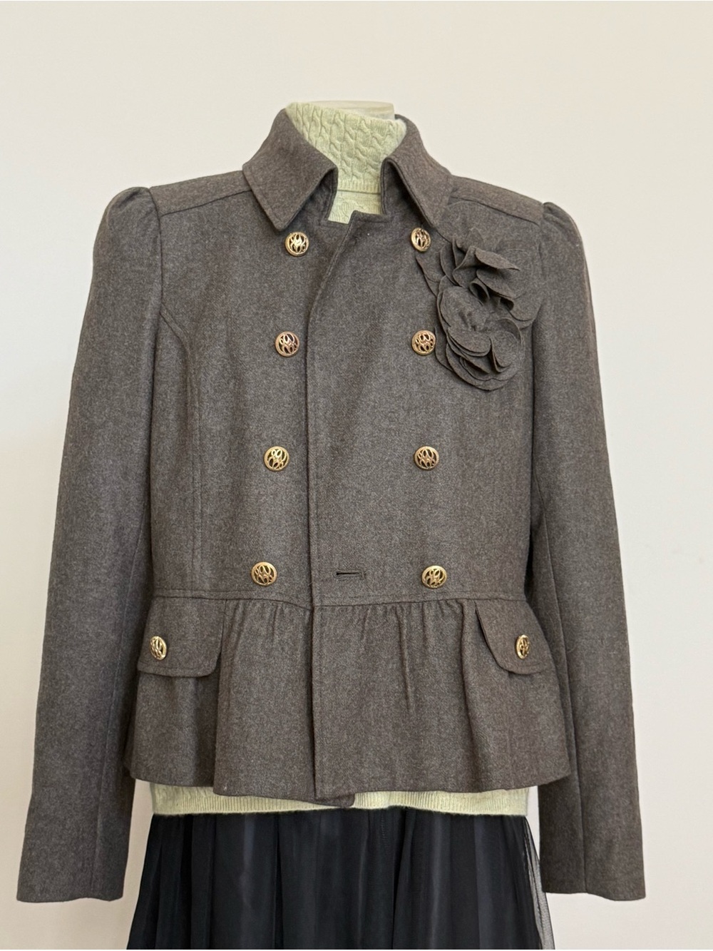 Andrea Behar x Boston Proper Wool Peplum Jacket Rosette Gold Buttons Size 12